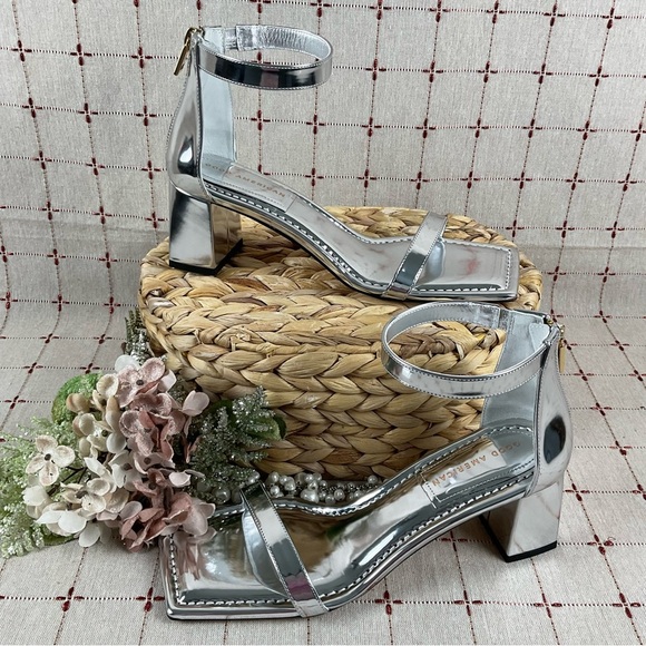 Good American Shoes - Good American Strappy Heeled Sandals Metallic Silver Ankle wrap Square Toe 9.5